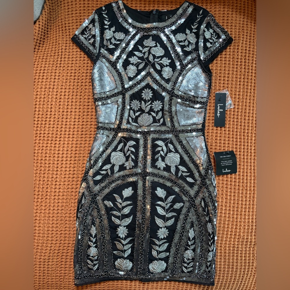 Lulus Spead Your Shine Black and Silver Sequin  Bodycon Dress NWT